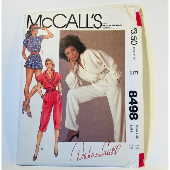 1980s Diahann Carroll Jumpsuit Romper Sewing Pattern McCalls 8498 Size 14 Uncut - Picture 1 of 6
